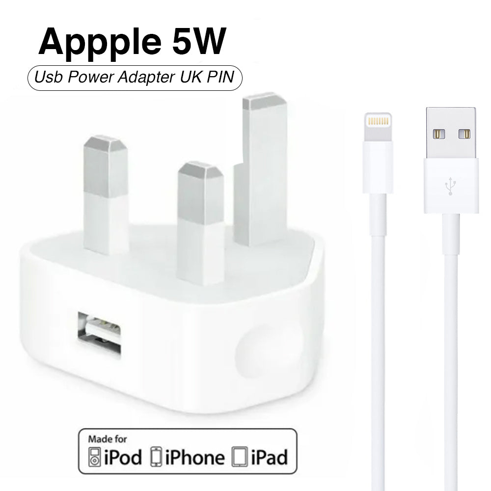 Iphone Usb 5W Power Adaptor UK Pin With Lightning To Usb Cable